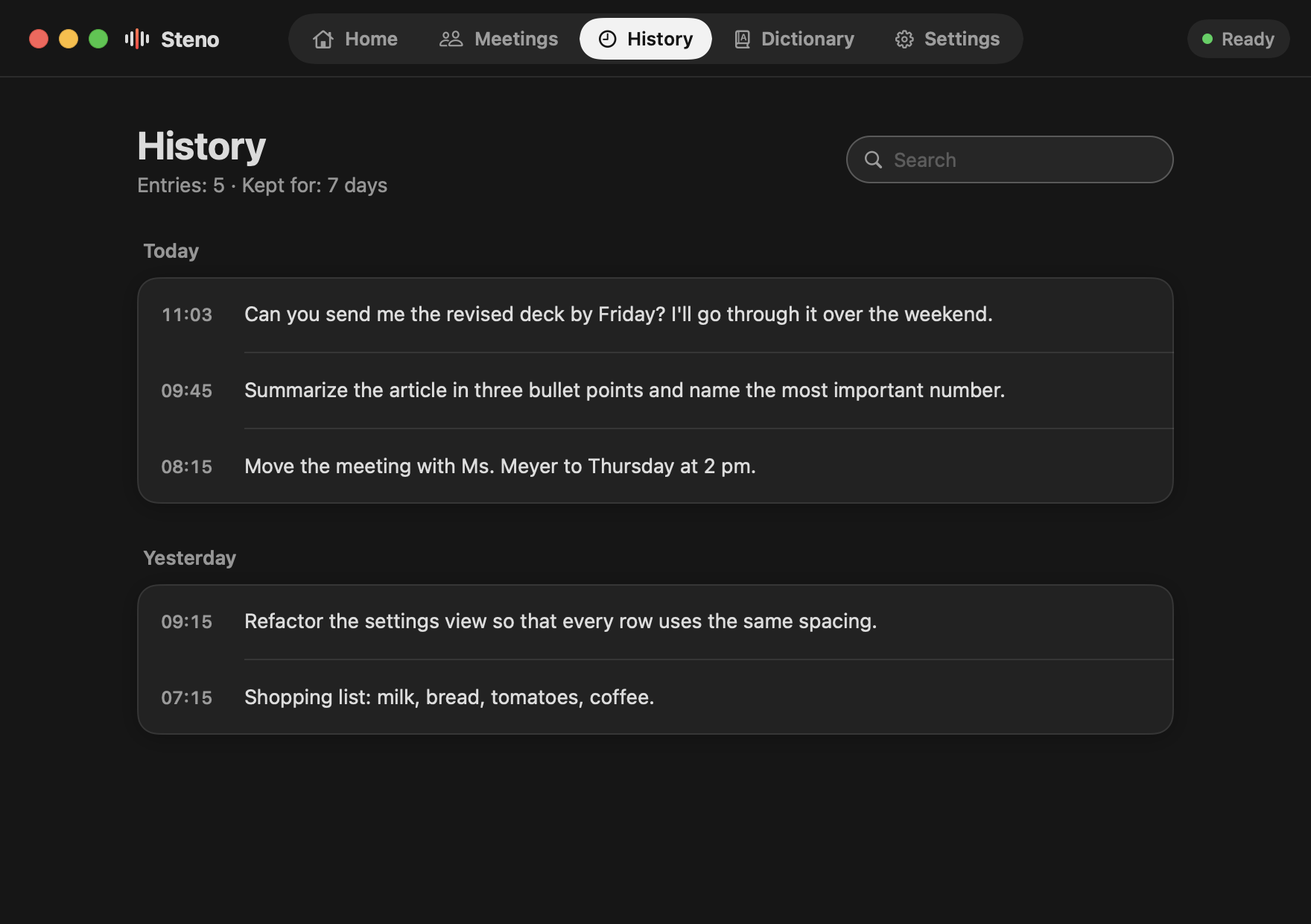 Steno History in dark appearance