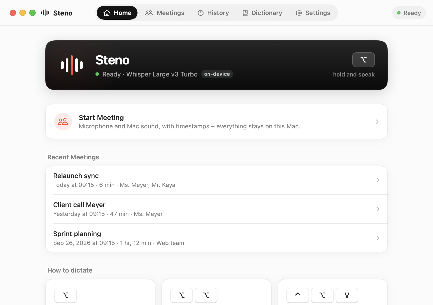 Steno main window: ready status, a card to start a meeting and the latest meetings