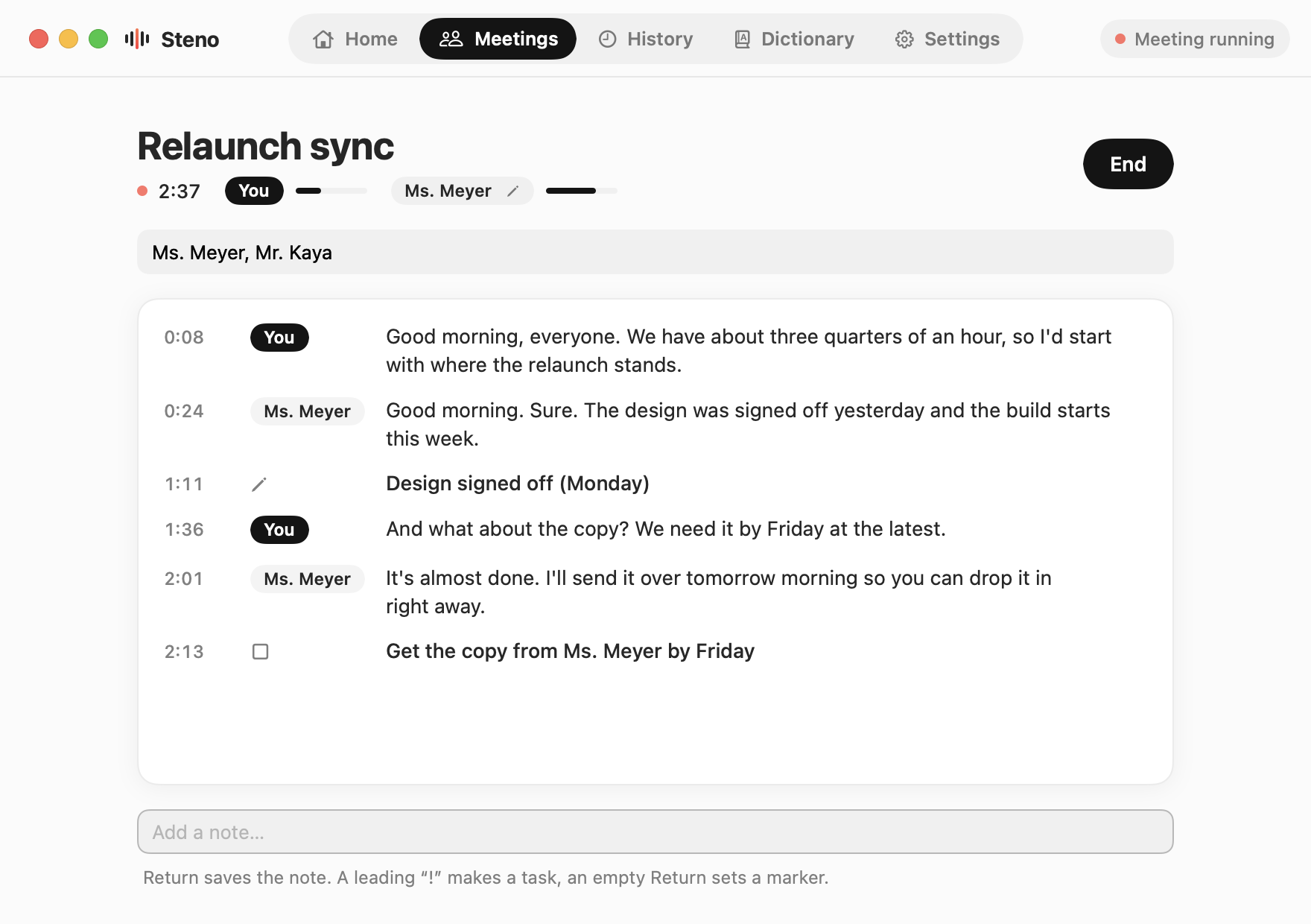 A running meeting in Steno: timeline with You and Ms. Meyer, a screenshot, a task and a note