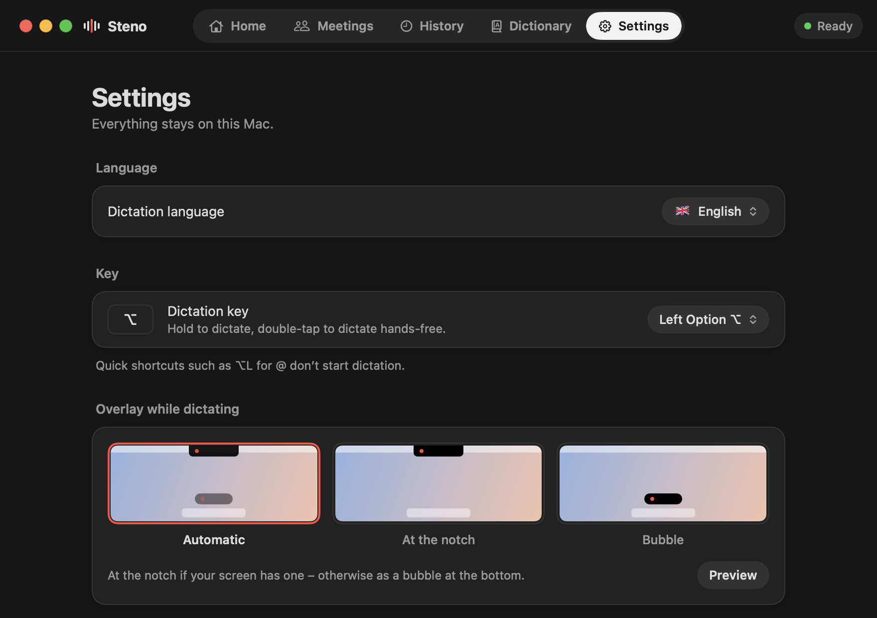 Steno Settings in dark appearance