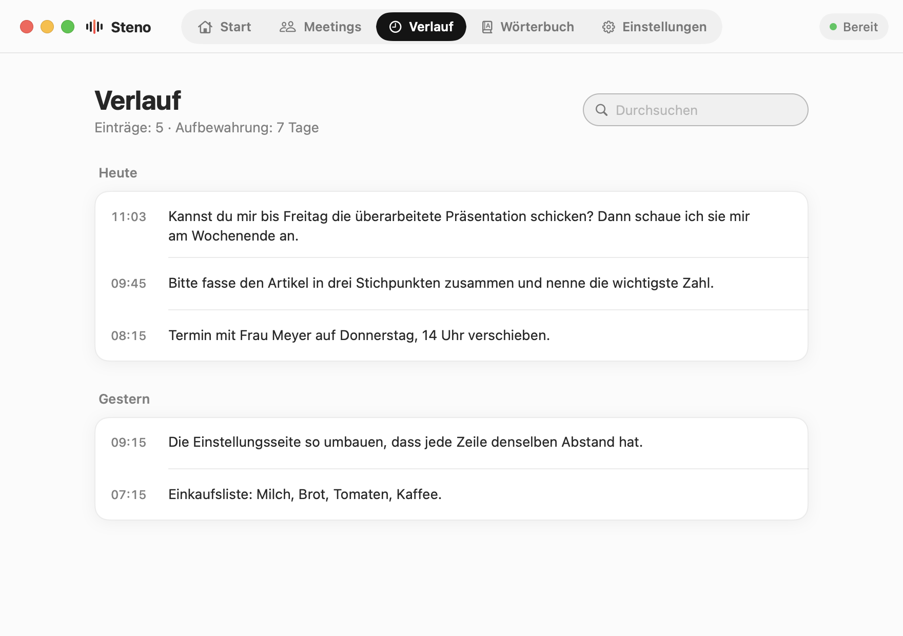Steno, Verlauf: Diktate nach Tagen sortiert, mit Suchfeld