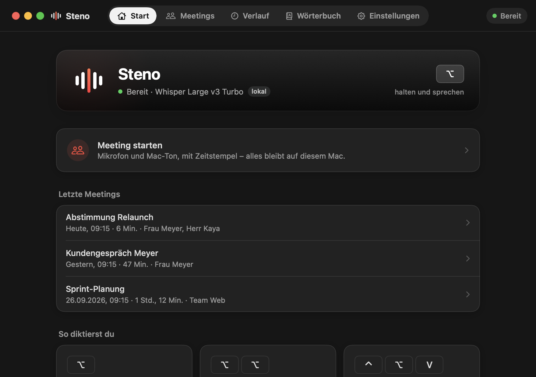 Steno, Start in dunkler Darstellung
