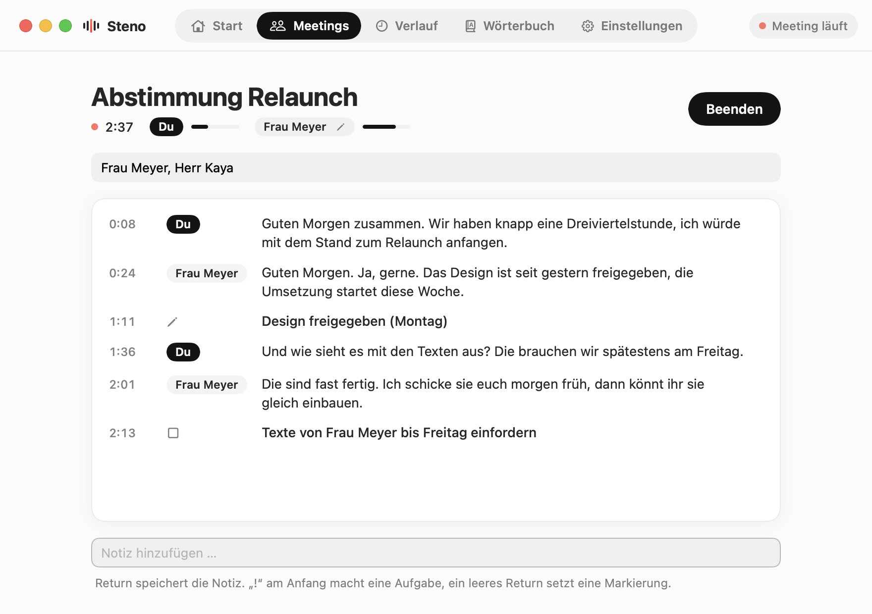 Laufendes Meeting in Steno: Zeitleiste mit Du und Frau Meyer, einem Screenshot, einer Aufgabe und einer Notiz