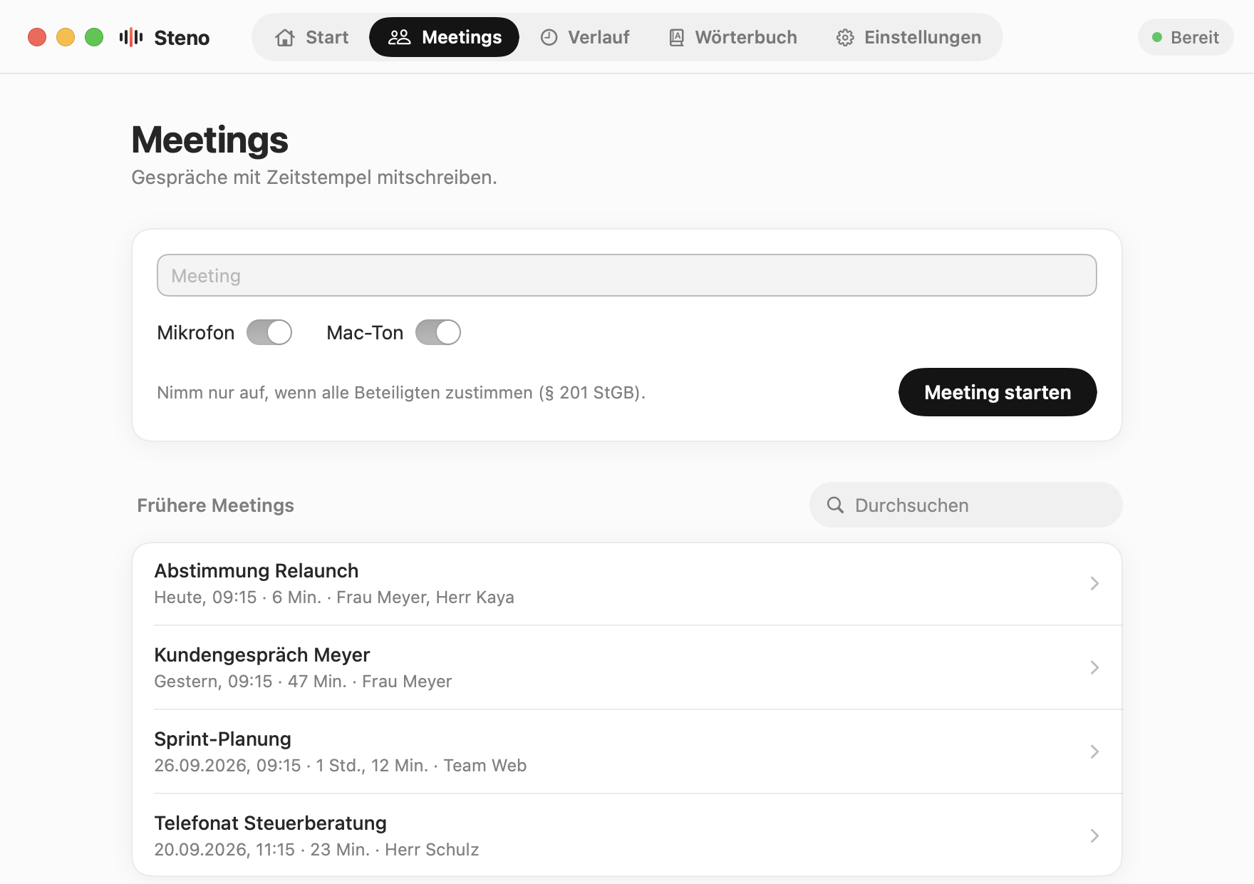 Steno, Meetings: Titel, Schalter für Mikrofon und Mac-Ton, der Hinweis zur Zustimmung und frühere Meetings