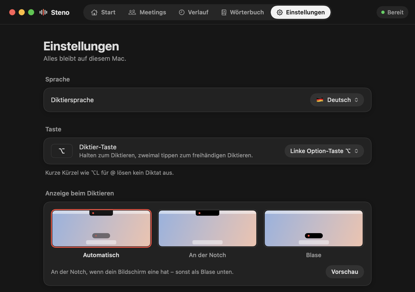 Steno, Einstellungen in dunkler Darstellung