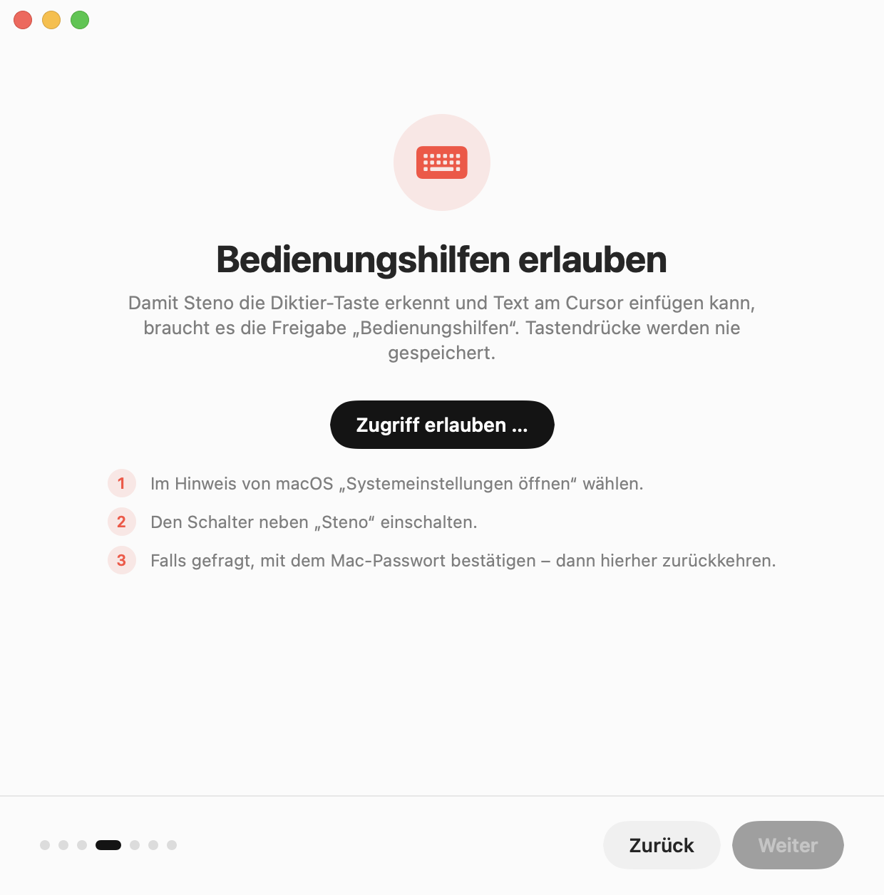 Einrichtungs-Assistent: Bedienungshilfen erlauben, in drei kurzen Schritten