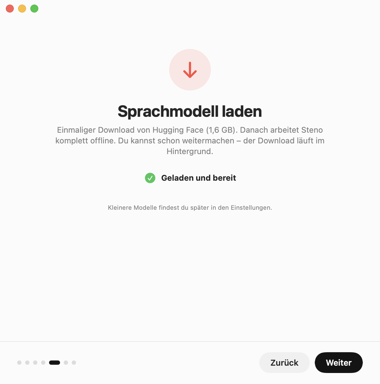 Einrichtungs-Assistent: das Sprachmodell ist geladen und bereit
