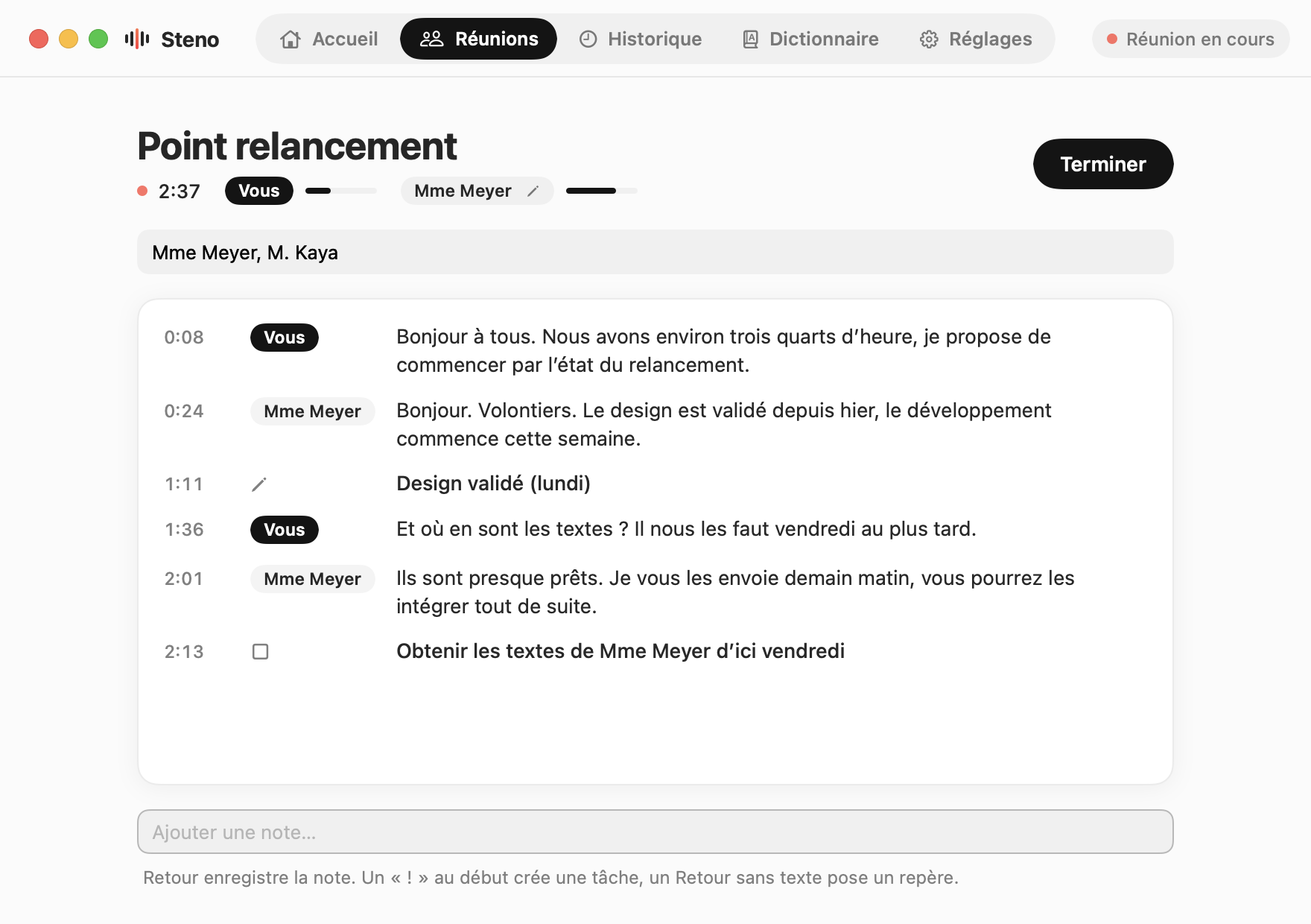 Une réunion en cours dans Steno : chronologie avec Vous et Mme Meyer, une capture d’écran, une tâche et une note