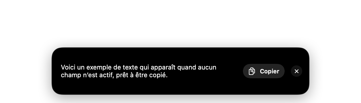 Texte dicté en attente dans la bulle, avec un bouton Copier