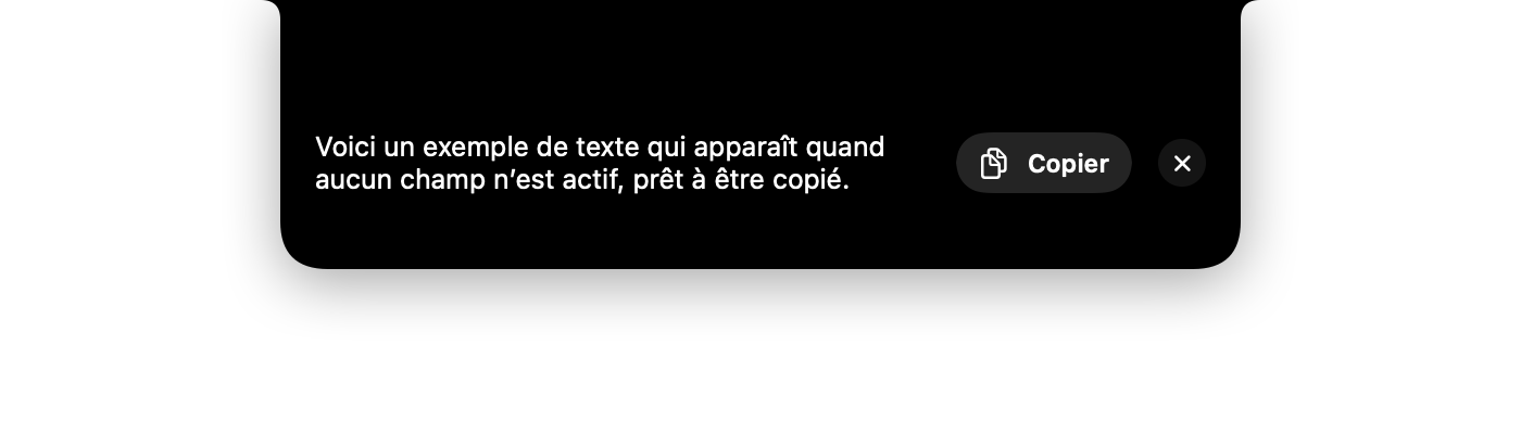 Texte dicté en attente dans l’encoche, avec un bouton Copier