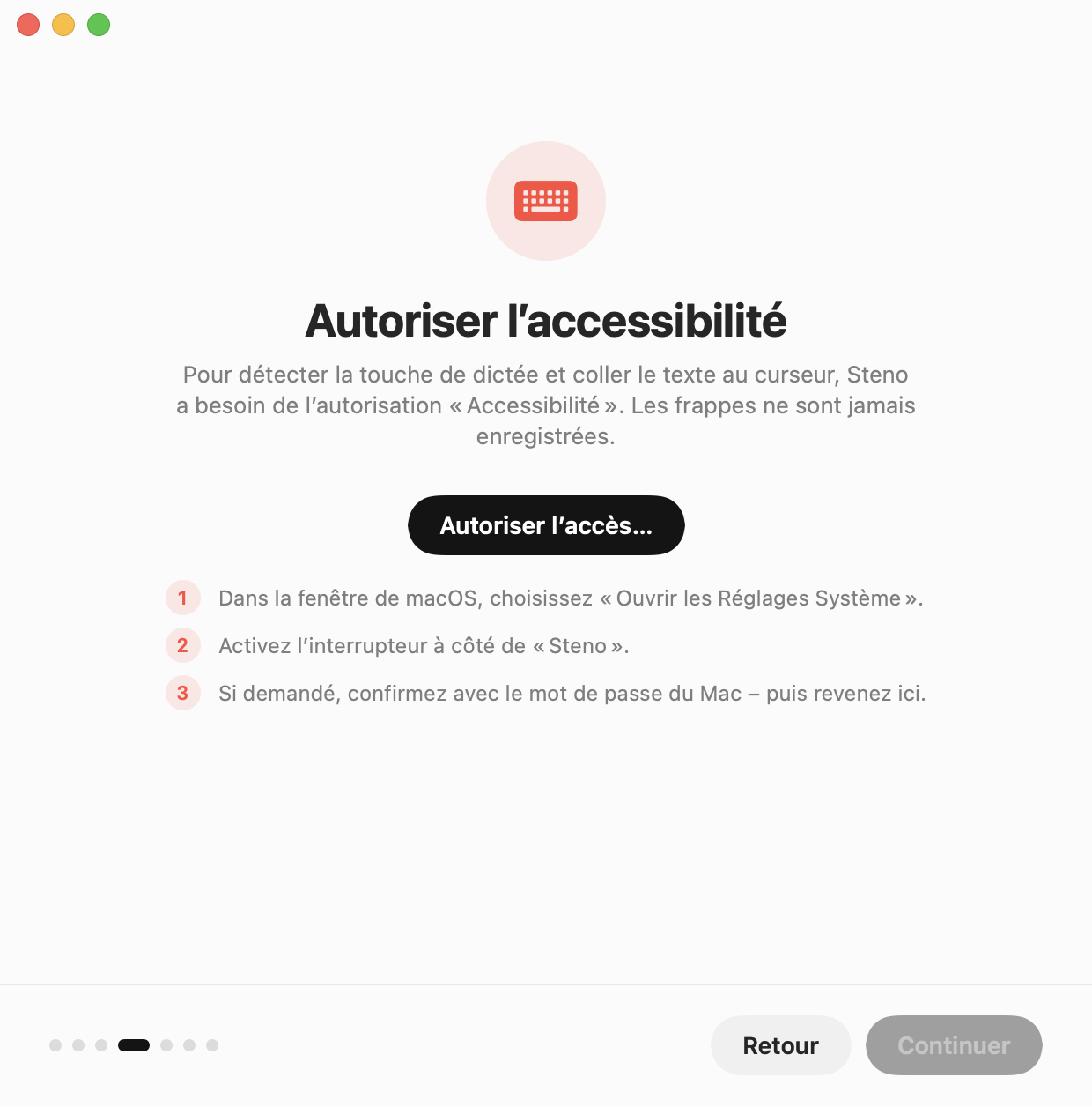 Assistant de configuration : autoriser l’accès Accessibilité, en trois étapes
