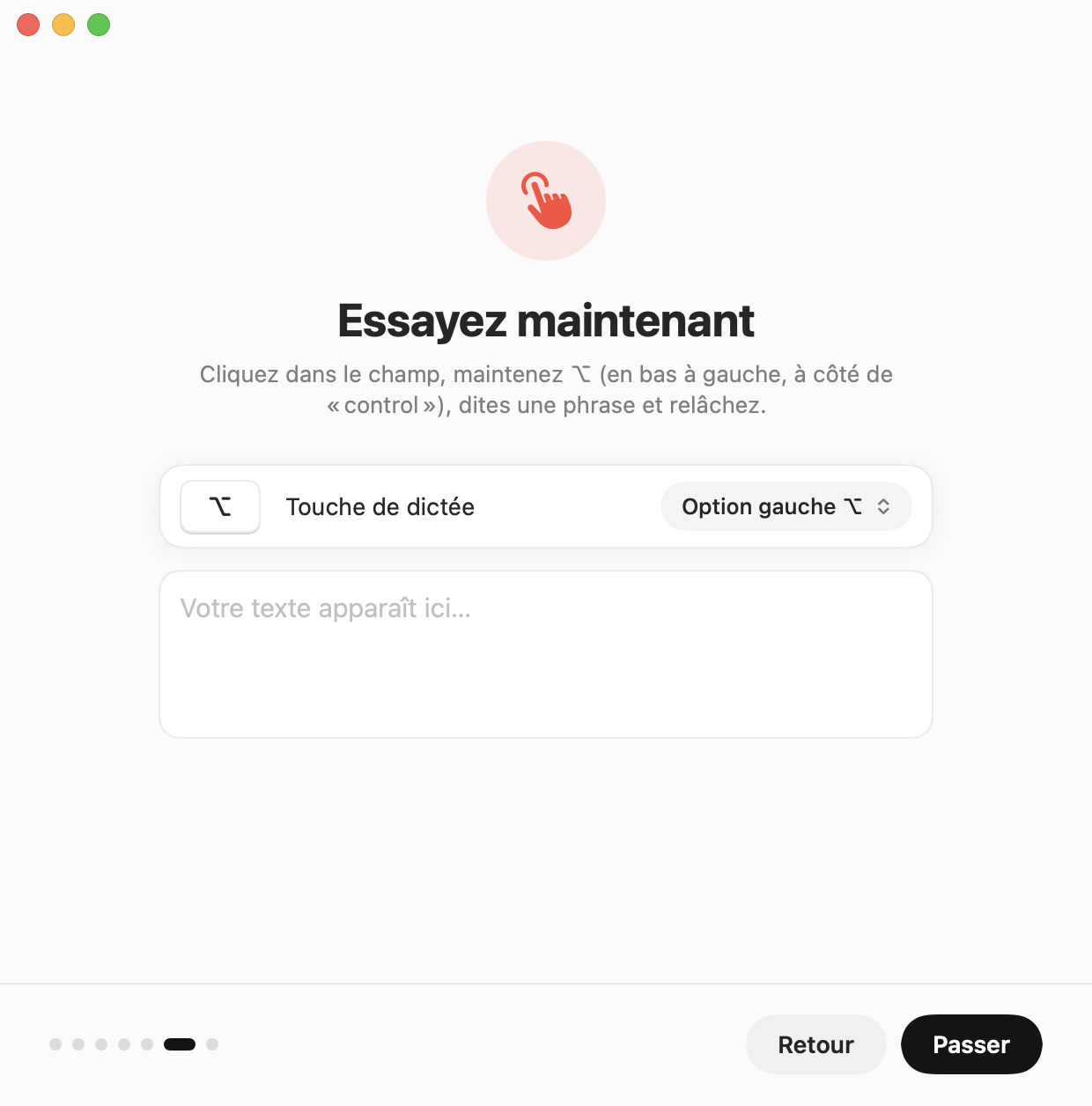 Assistant de configuration : essayer la dictée et choisir une autre touche