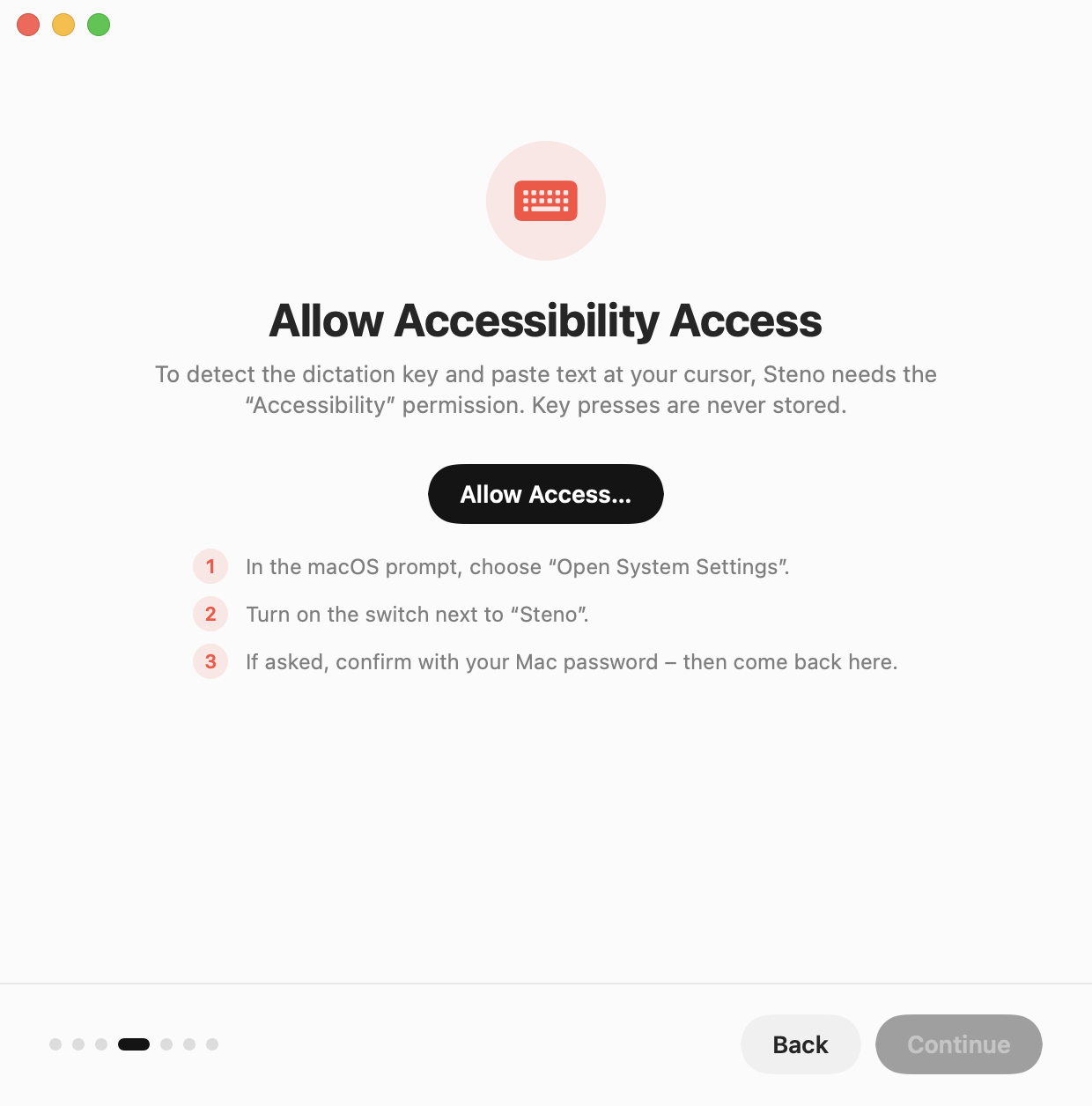 Setup assistant: allow Accessibility access, in three short steps