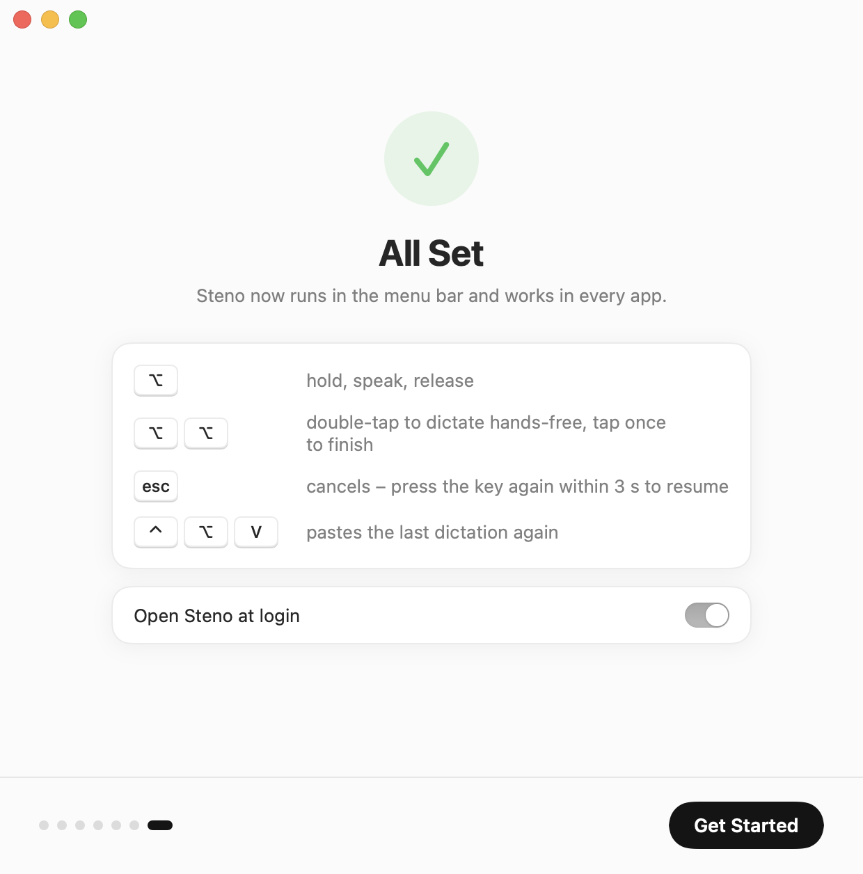 Setup assistant: all set, with the most important shortcuts