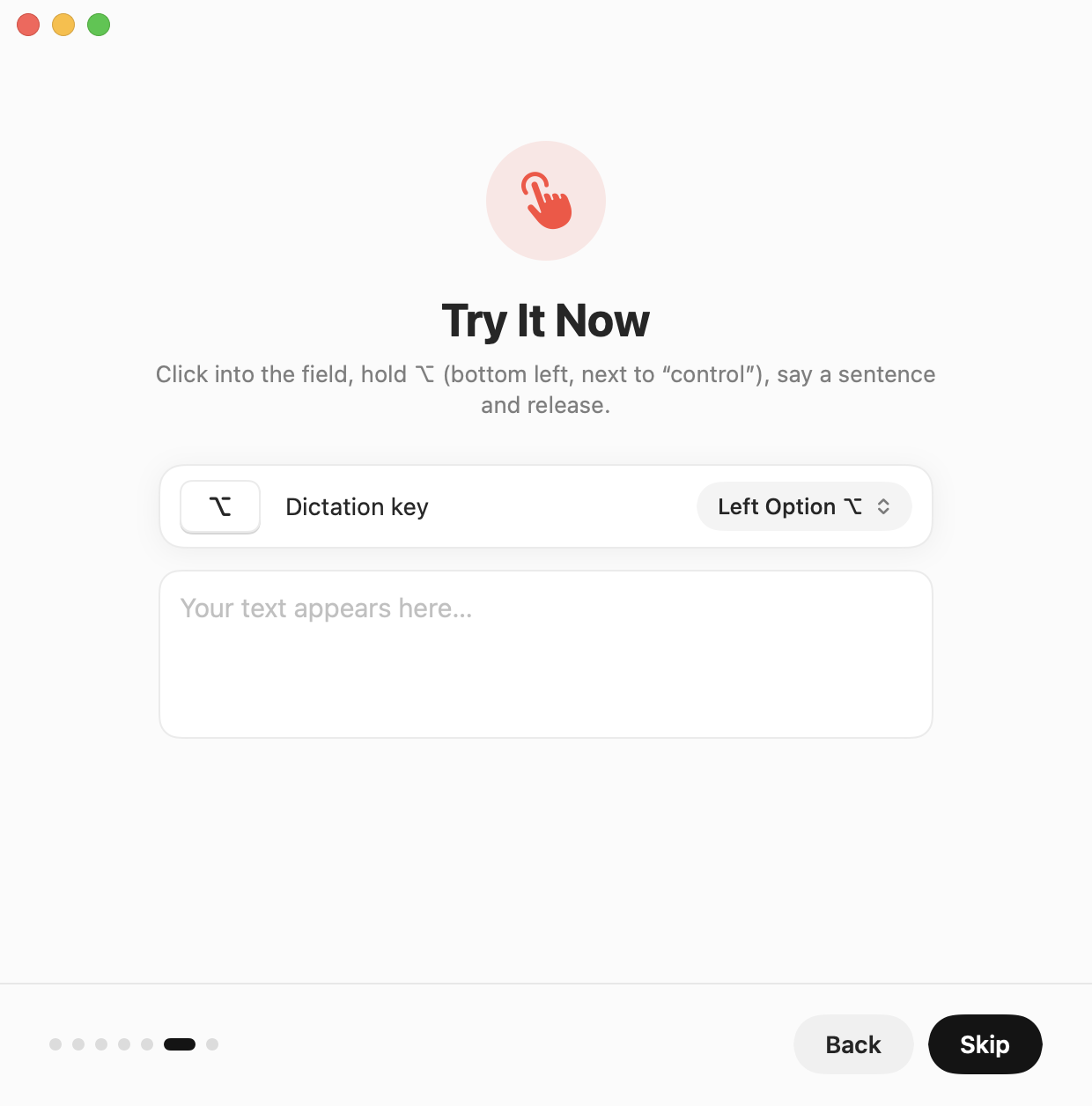 Setup assistant: try dictation and choose another key