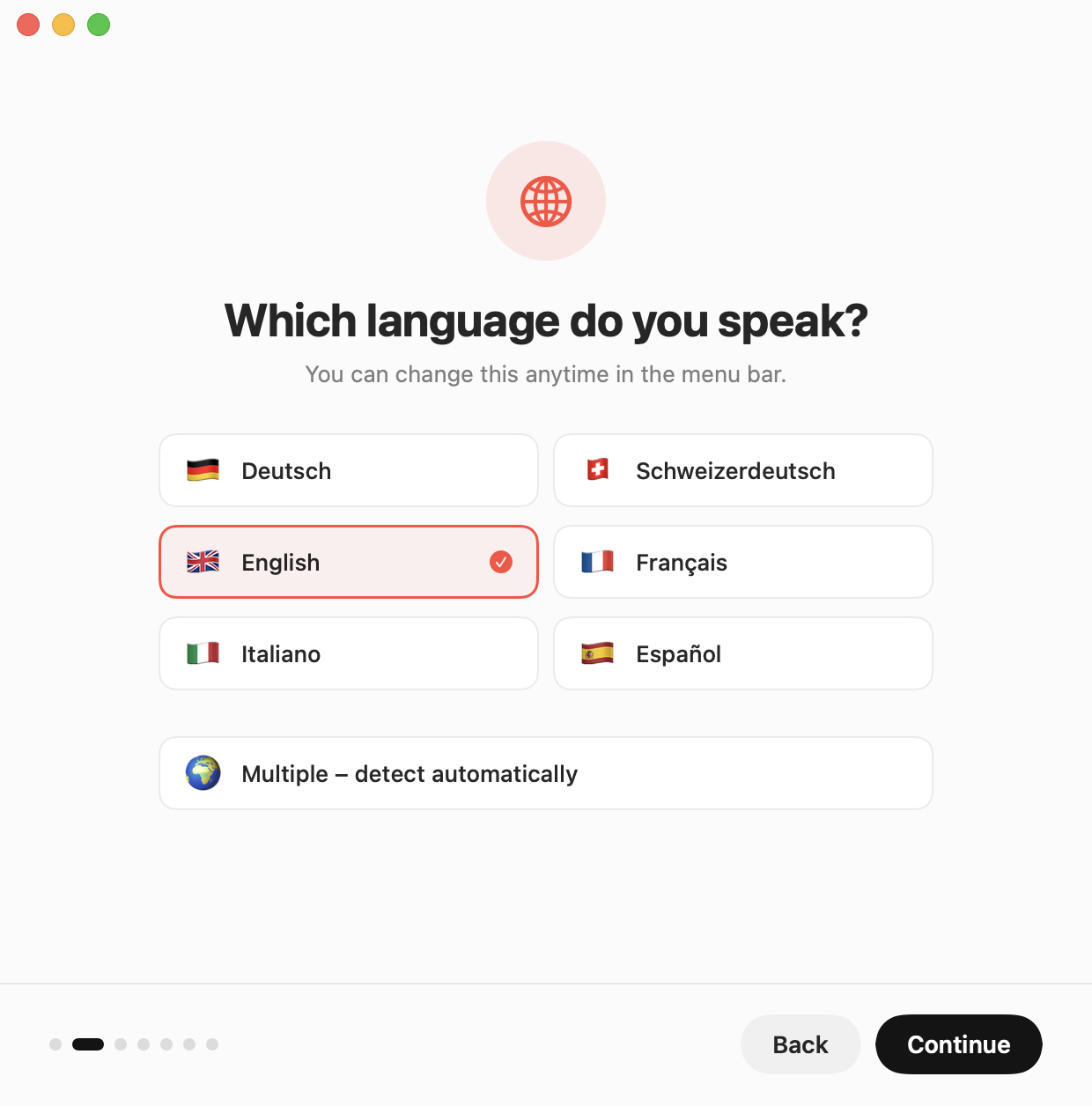 Setup assistant: choose the language you speak