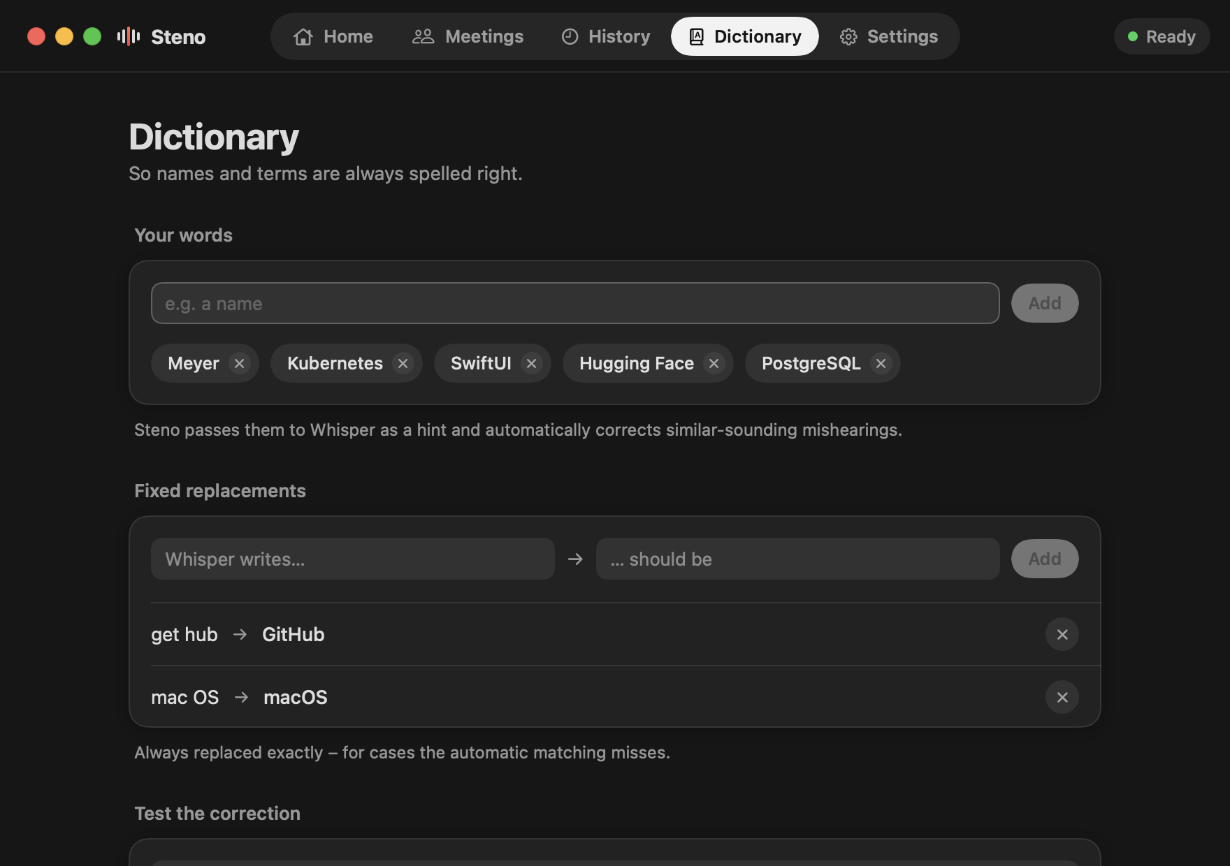 Steno Dictionary in dark appearance