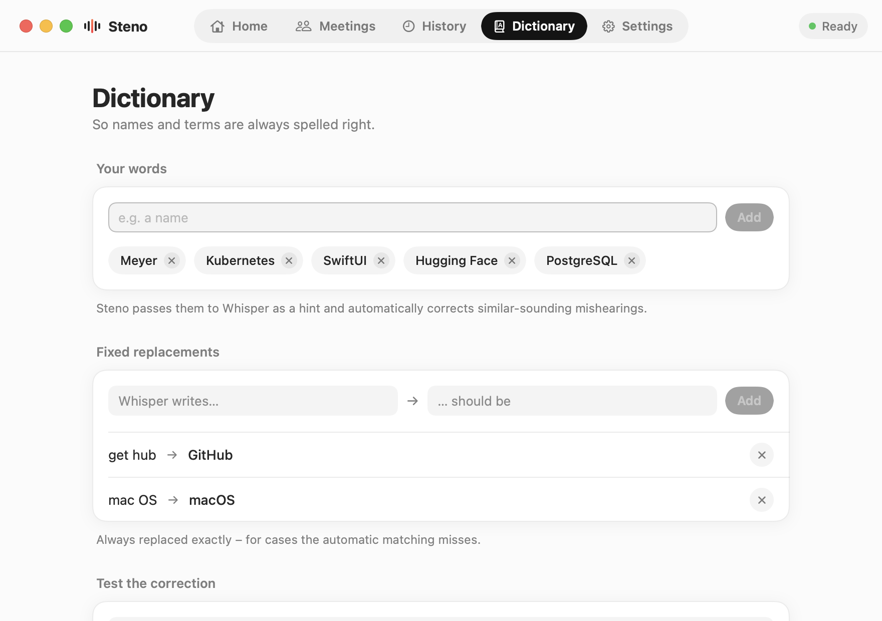 Steno Dictionary: your own words and fixed replacements such as get hub to GitHub