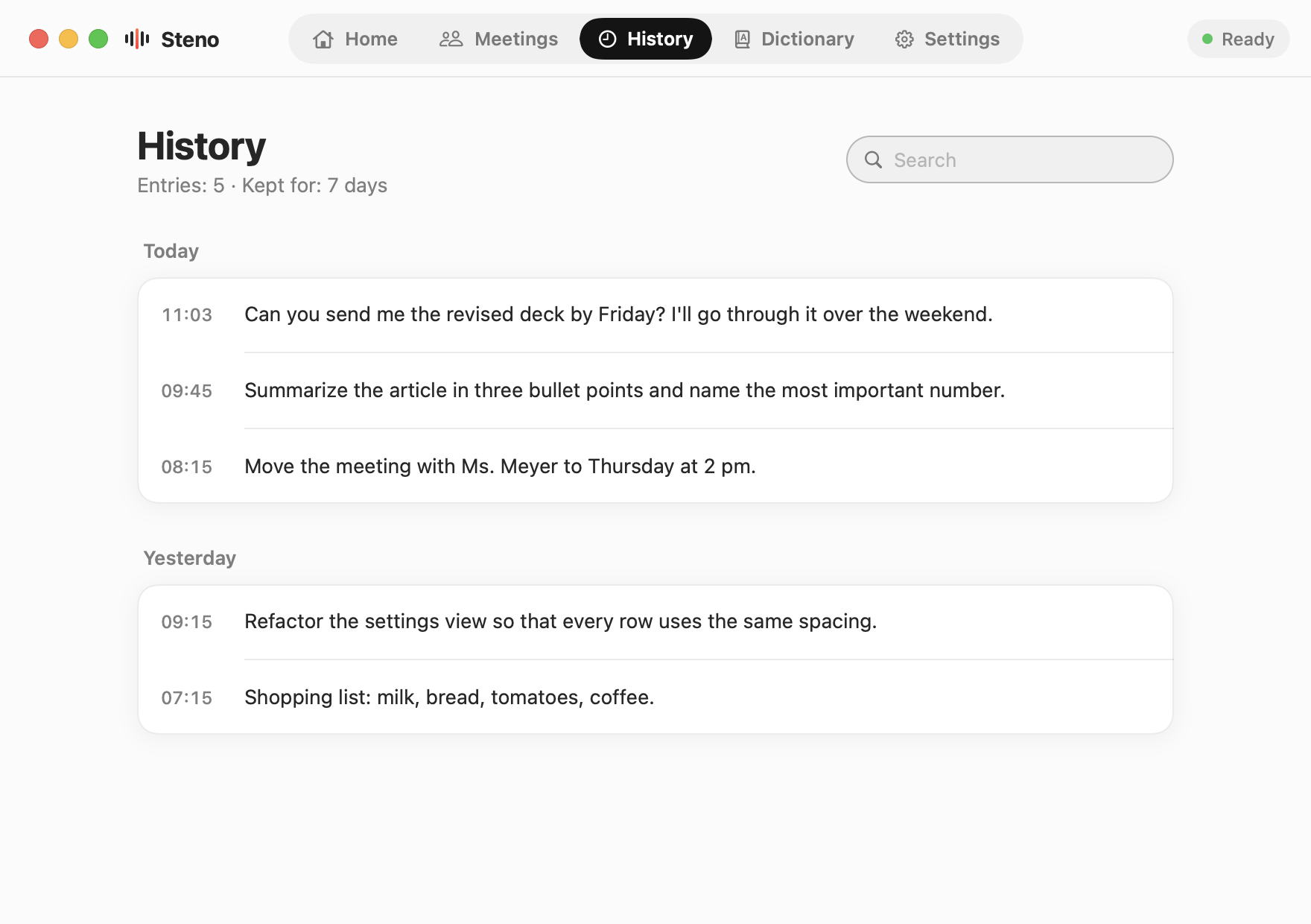 Steno History: dictations grouped by day, with a search field