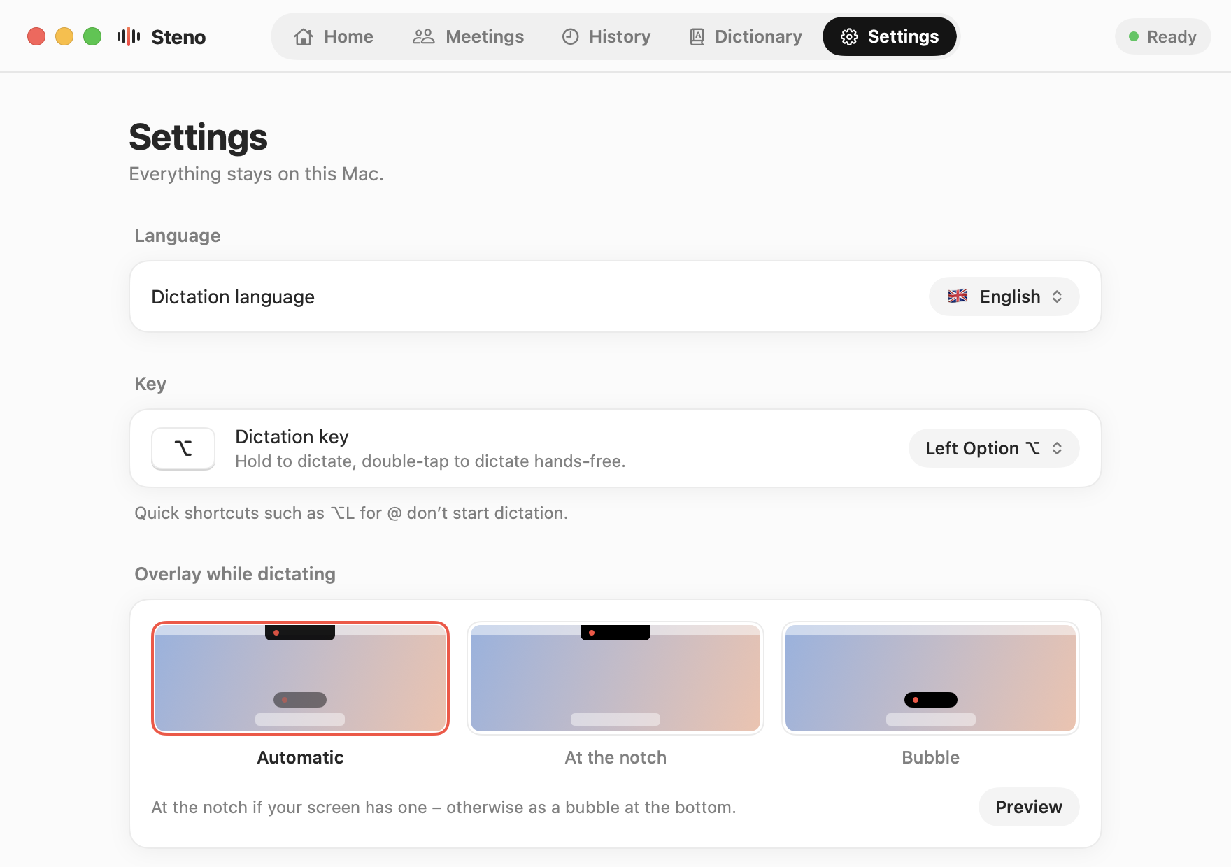 Steno Settings: dictation language, dictation key and where the overlay appears