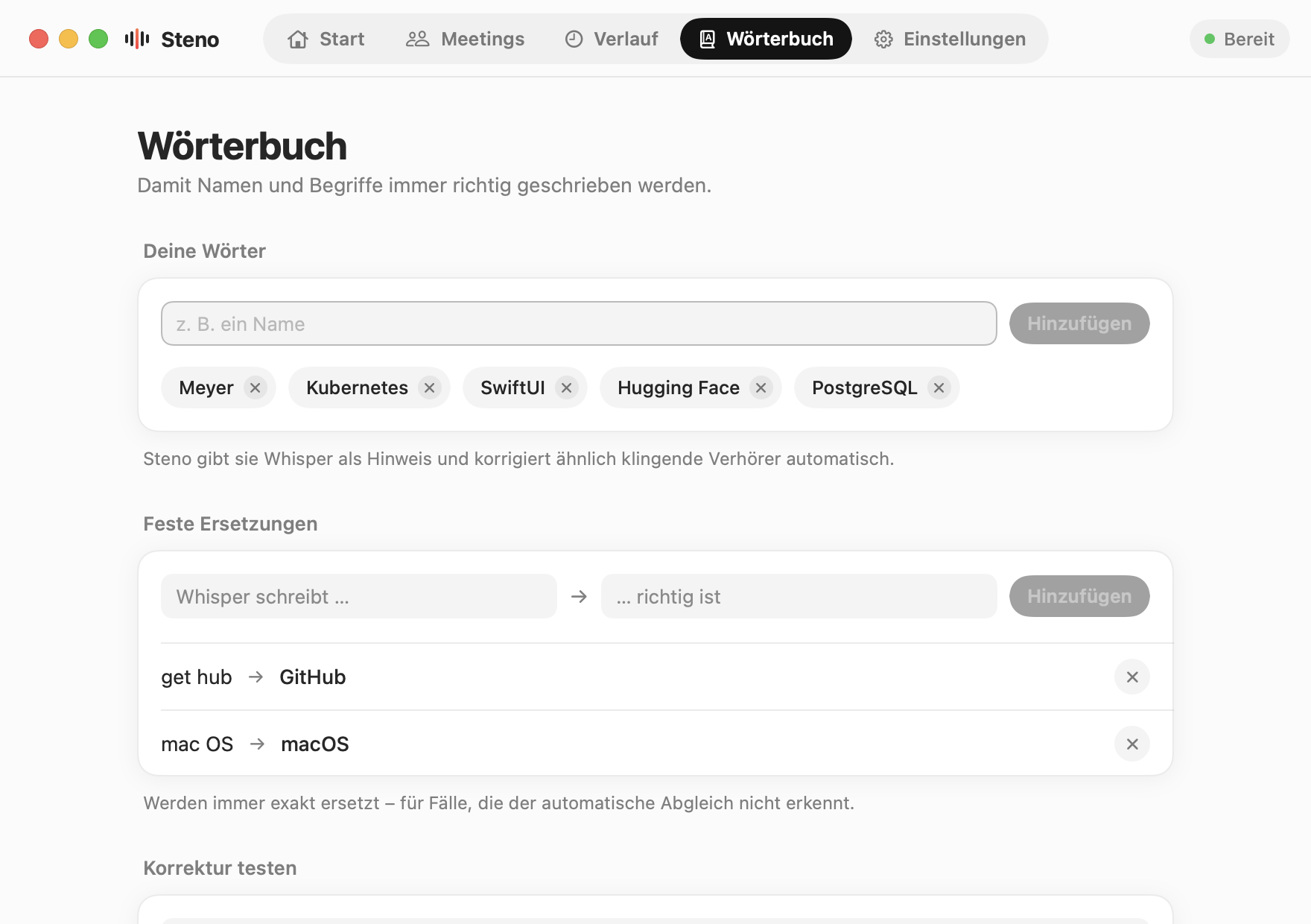 Steno, Wörterbuch: eigene Wörter und feste Ersetzungen wie get hub zu GitHub
