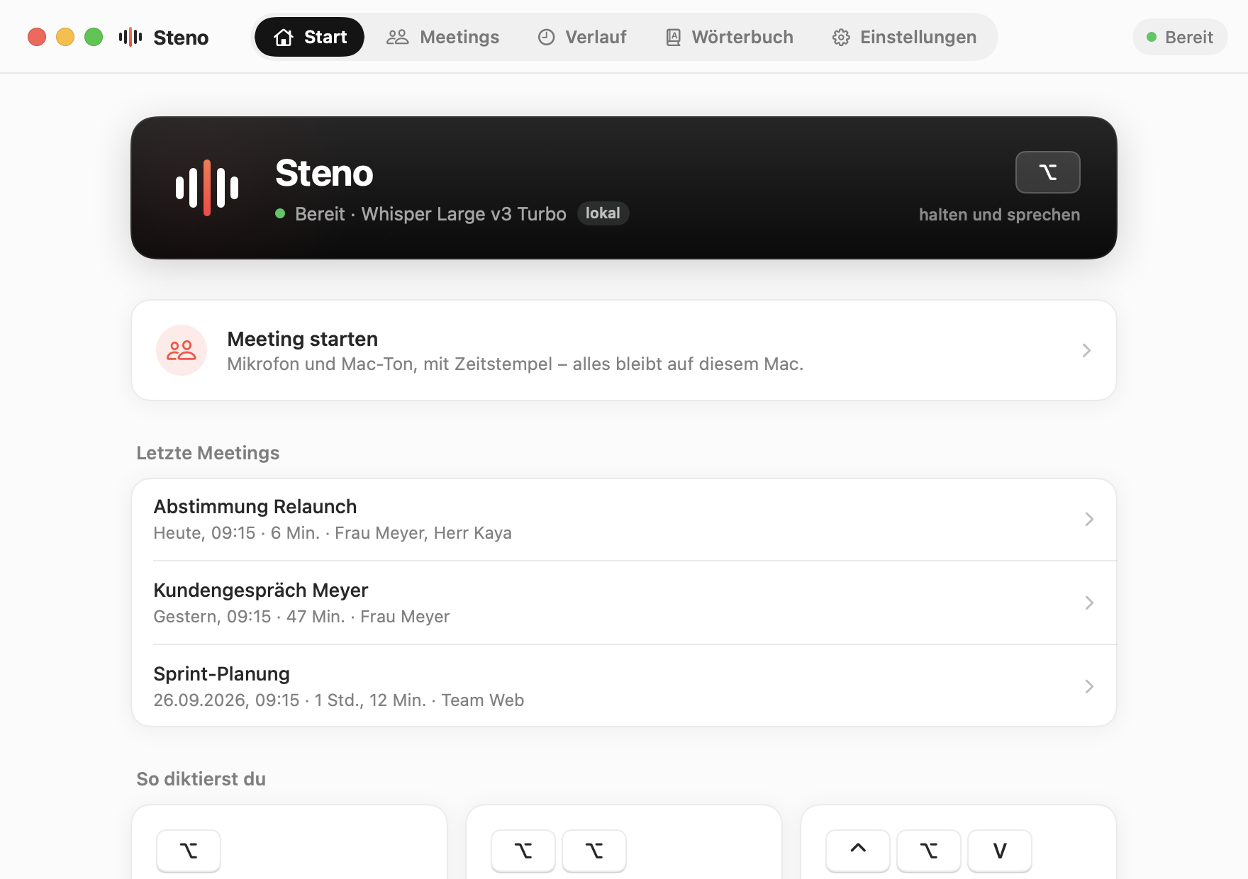 Steno-Hauptfenster: Status „Bereit“, Karte zum Starten eines Meetings und die letzten Meetings