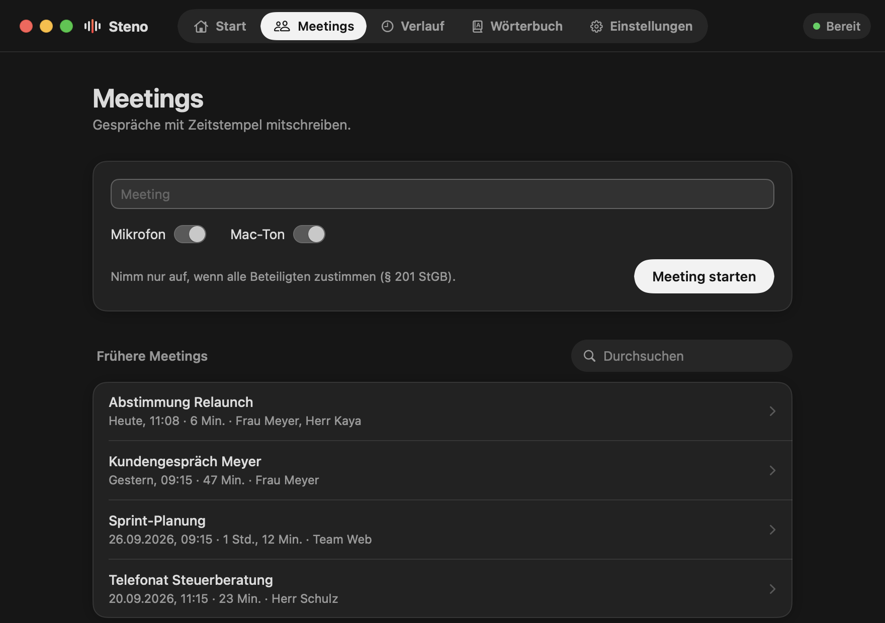 Steno, Meetings in dunkler Darstellung