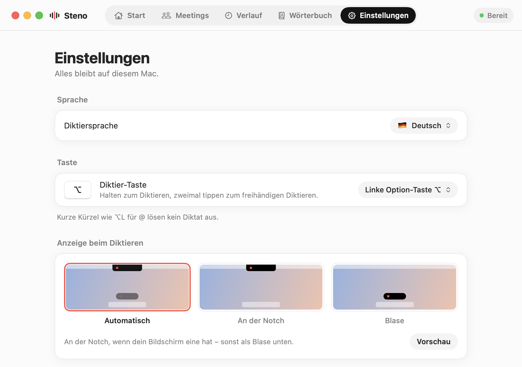 Steno, Einstellungen: Diktiersprache, Diktier-Taste und Ort der Anzeige