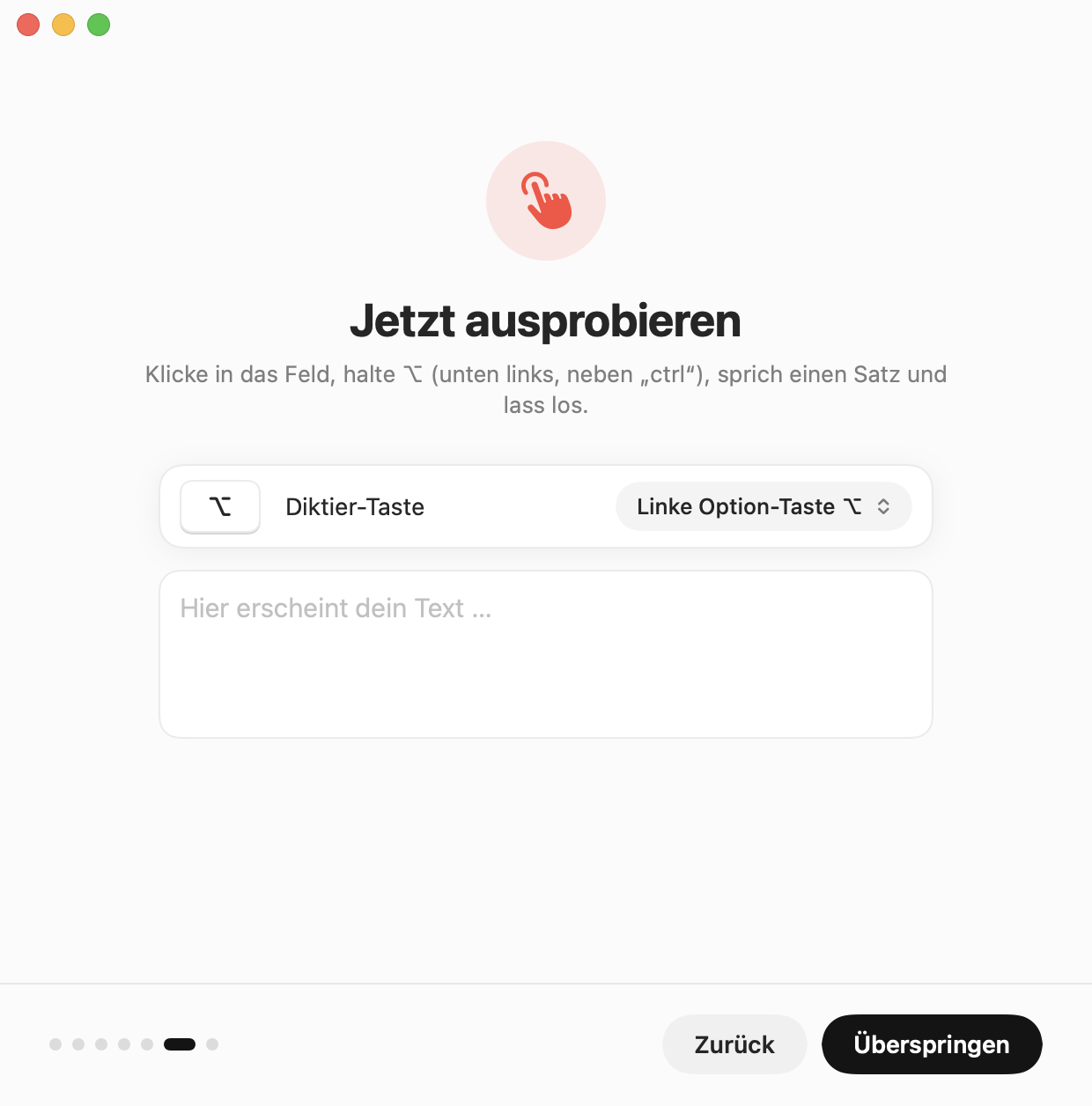 Einrichtungs-Assistent: Diktieren ausprobieren und die Taste ändern
