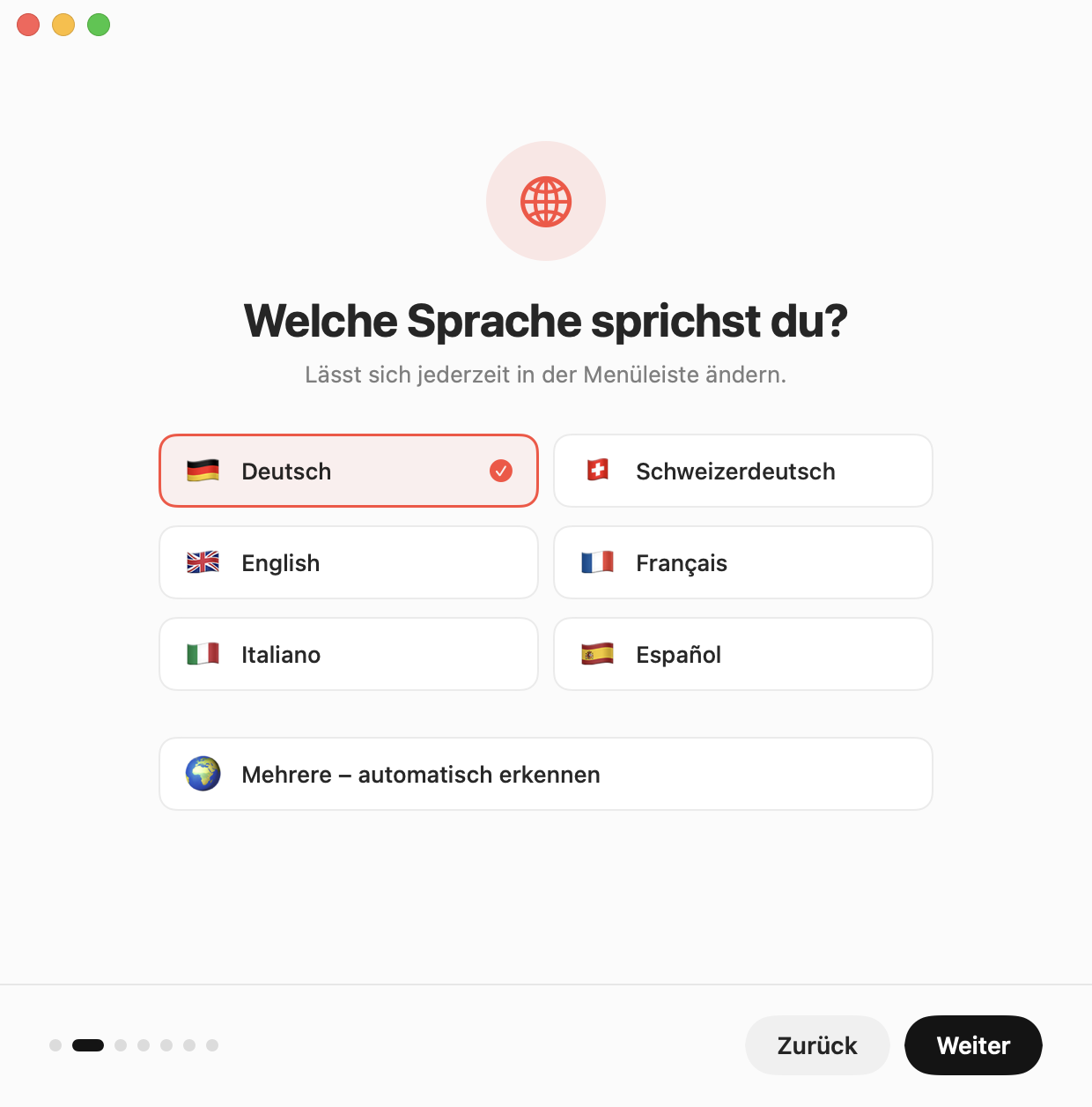 Einrichtungs-Assistent: die gesprochene Sprache wählen