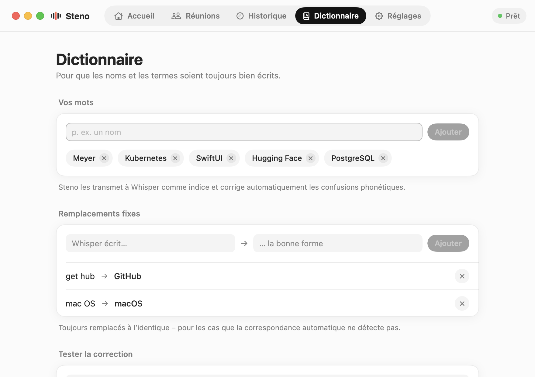 Steno, Dictionnaire : vos propres mots et des remplacements fixes