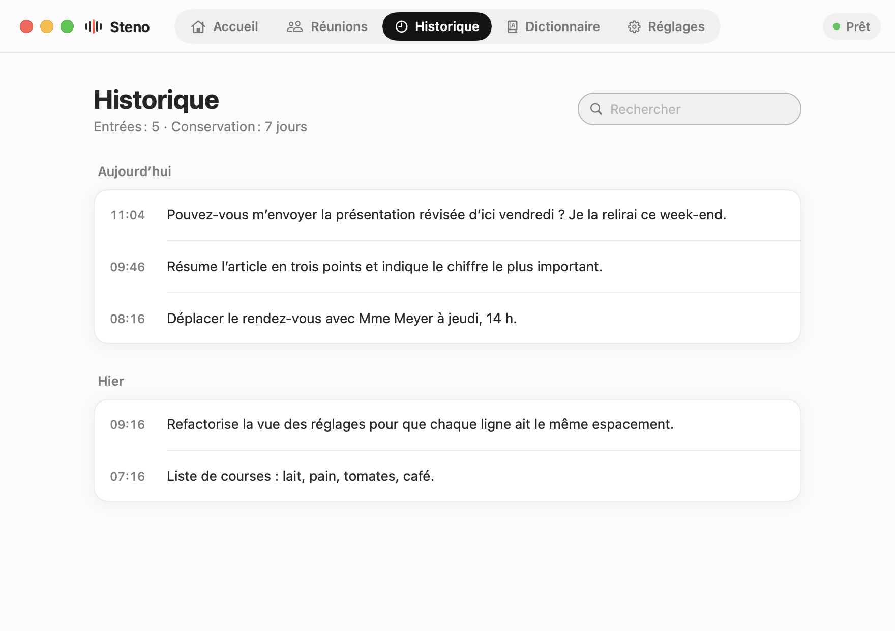 Steno, Historique : dictées classées par jour, avec un champ de recherche