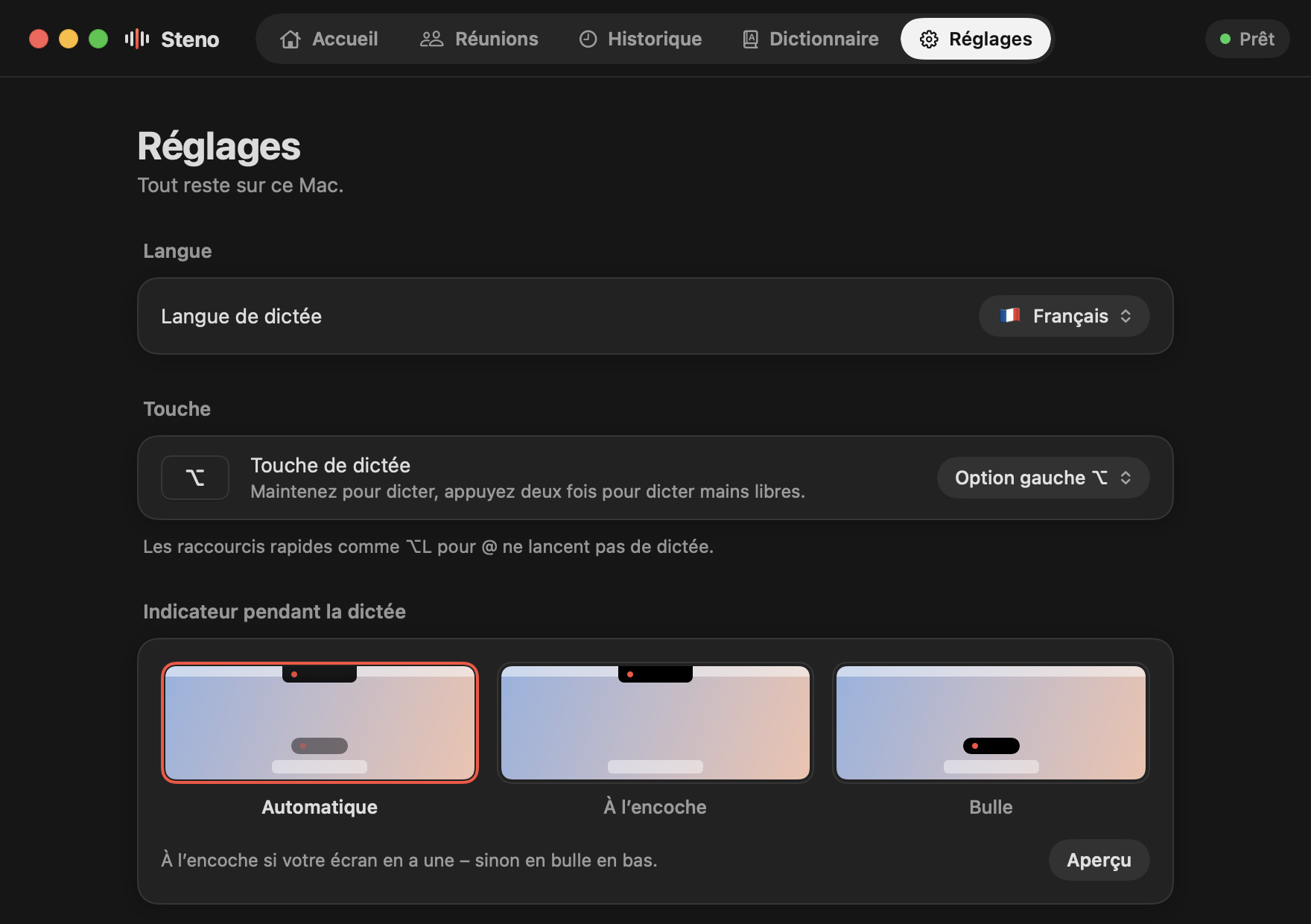 Steno, Réglages en apparence sombre