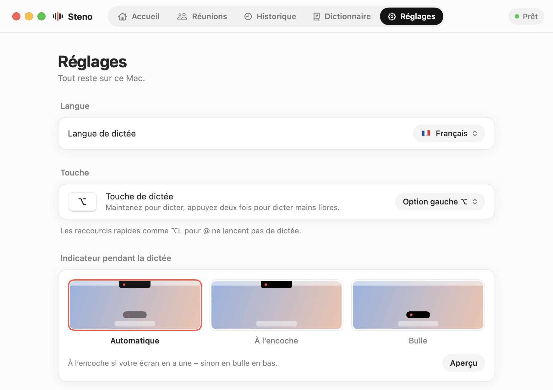 Steno, Réglages : langue de dictée, touche de dictée et emplacement de l’indicateur
