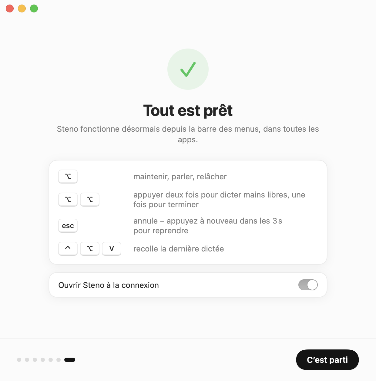 Assistant de configuration : tout est prêt, avec les principaux raccourcis