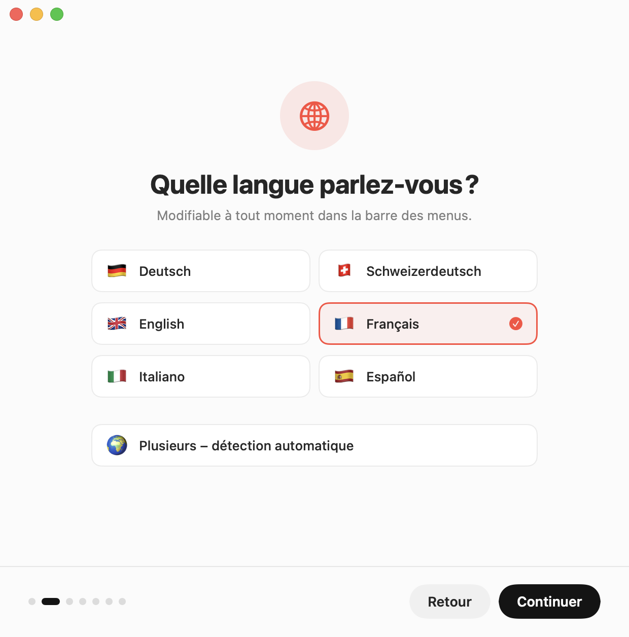 Assistant de configuration : choisir la langue que vous parlez