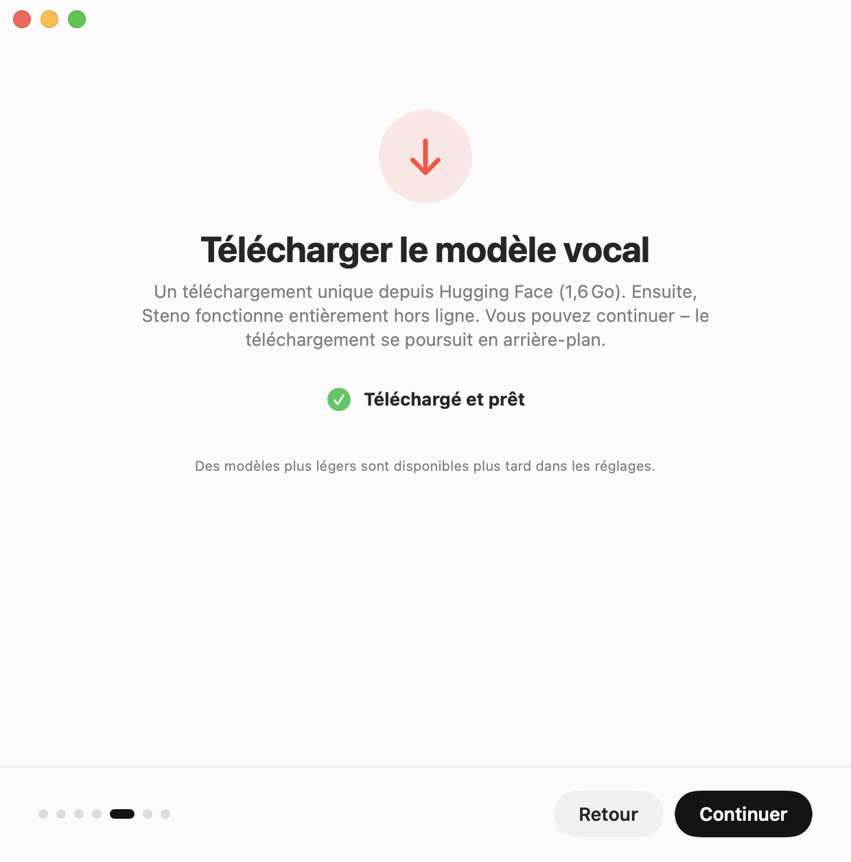 Assistant de configuration : le modèle vocal est téléchargé et prêt