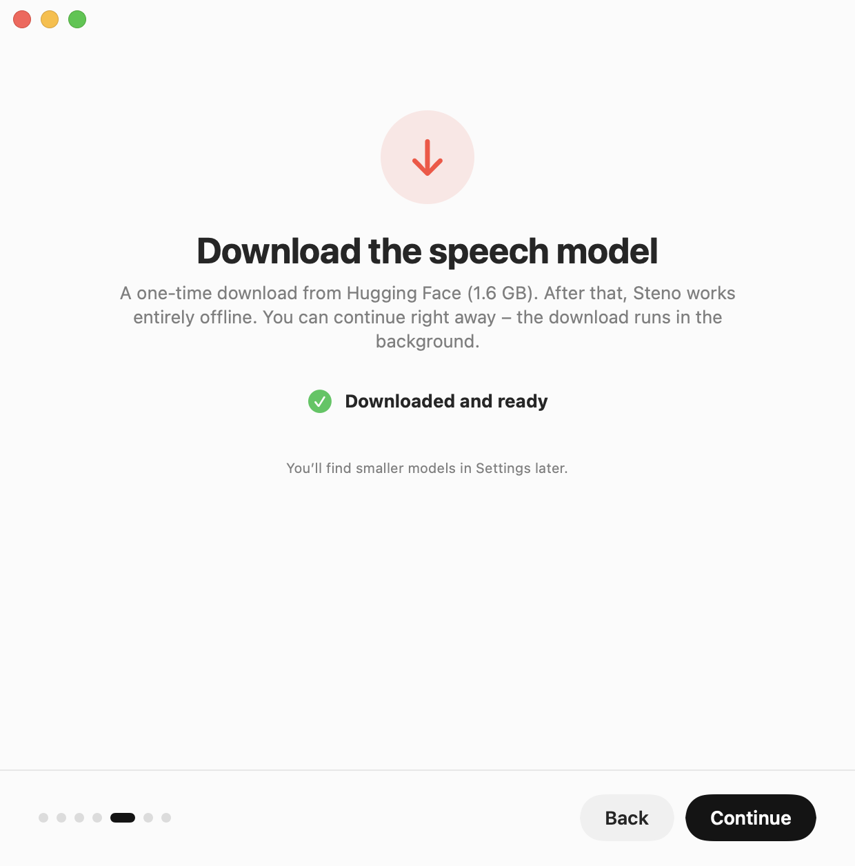 Setup assistant: the speech model is downloaded and ready